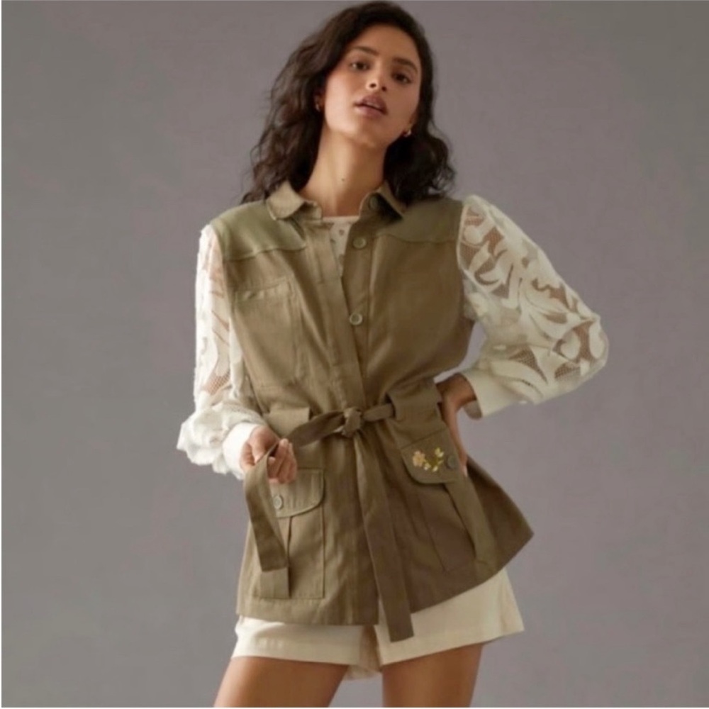 Tiny Anthropologie Malia vest green floral embroidery utility tie button front